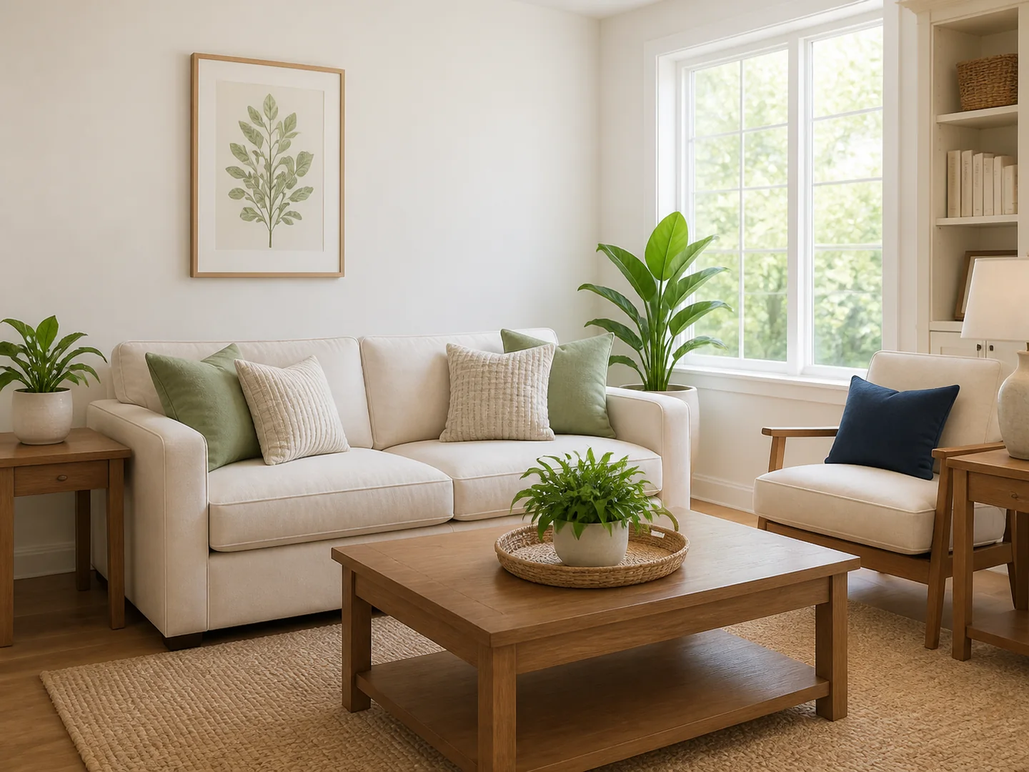 A bright living room ready to enjoy