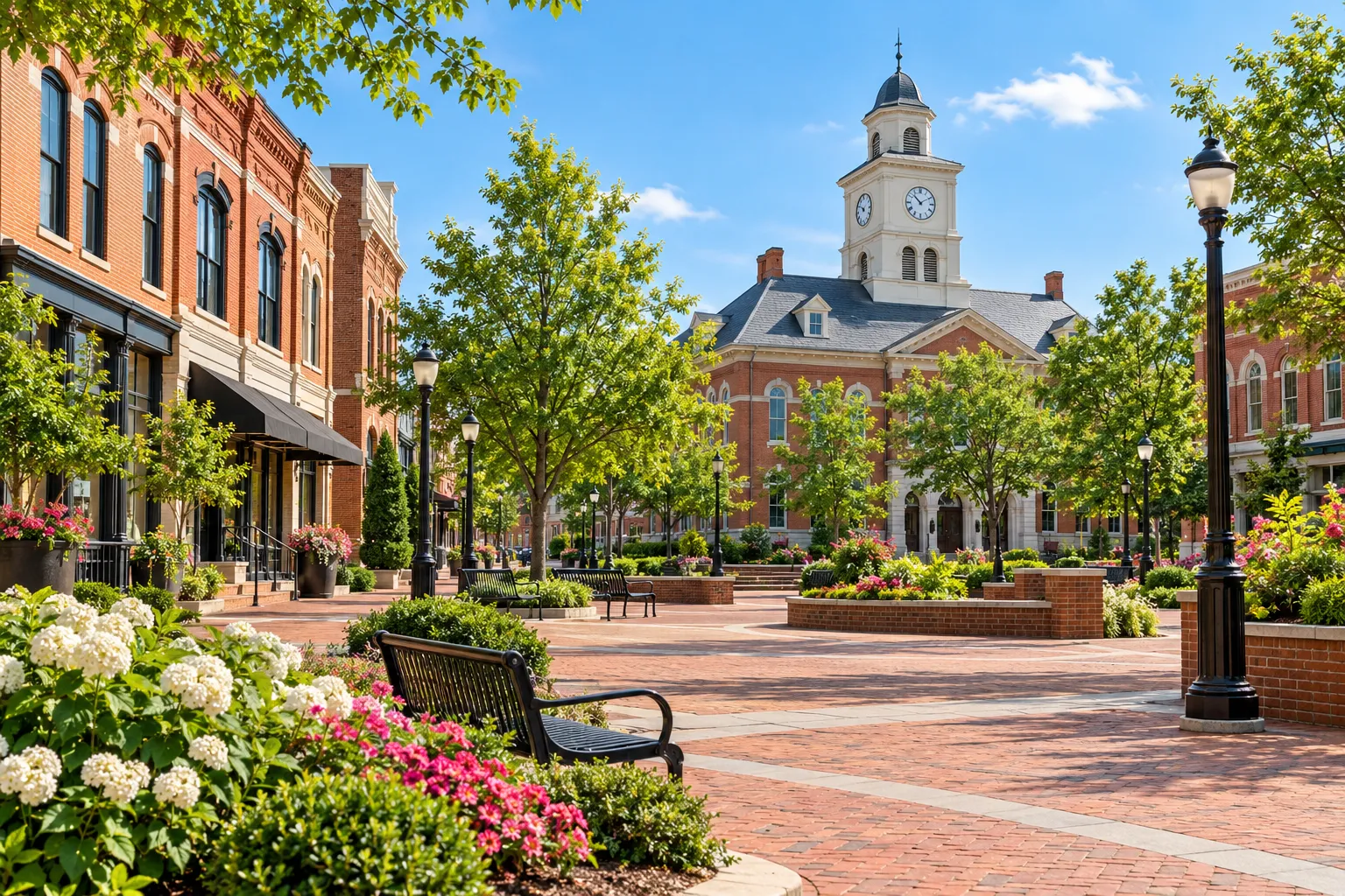 Ilustración de un centro histórico generada con IA e inspirada en Concord, Carolina del Norte