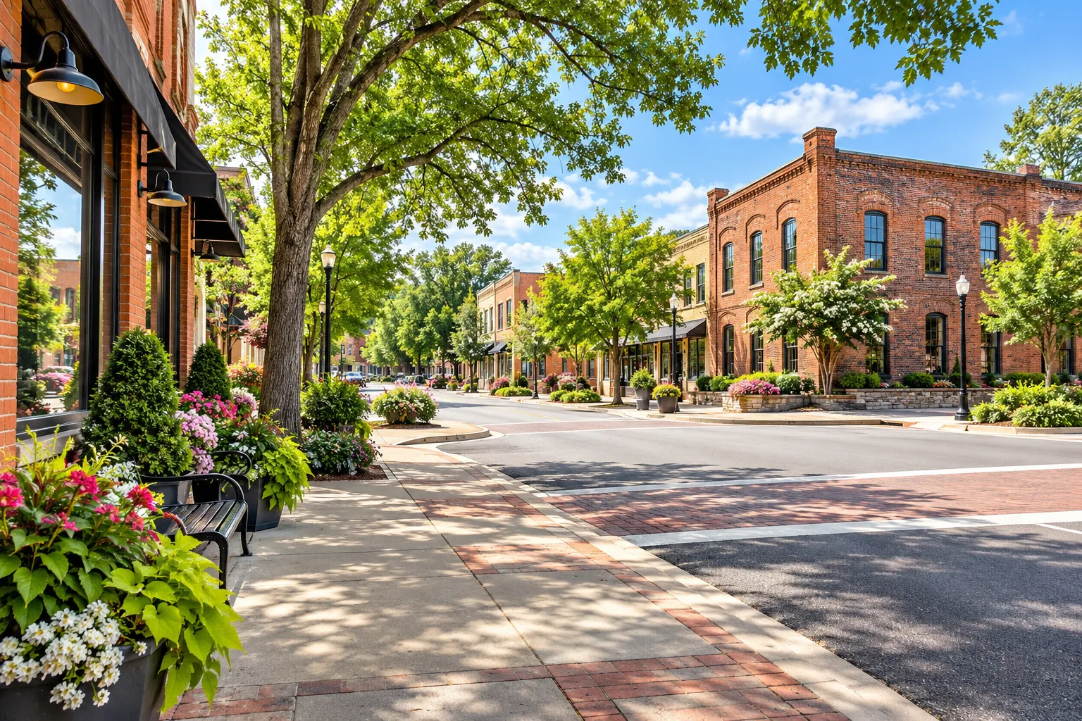 Ilustración de un centro histórico generada con IA e inspirada en Fort Mill, Carolina del Sur