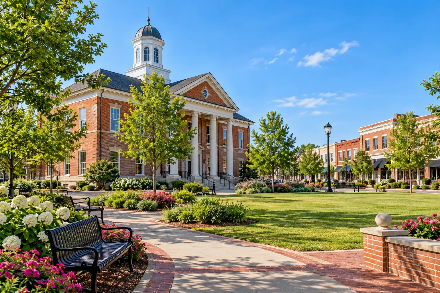 Ilustración de una zona verde y arquitectura cívica generada con IA e inspirada en Harrisburg, Carolina del Norte