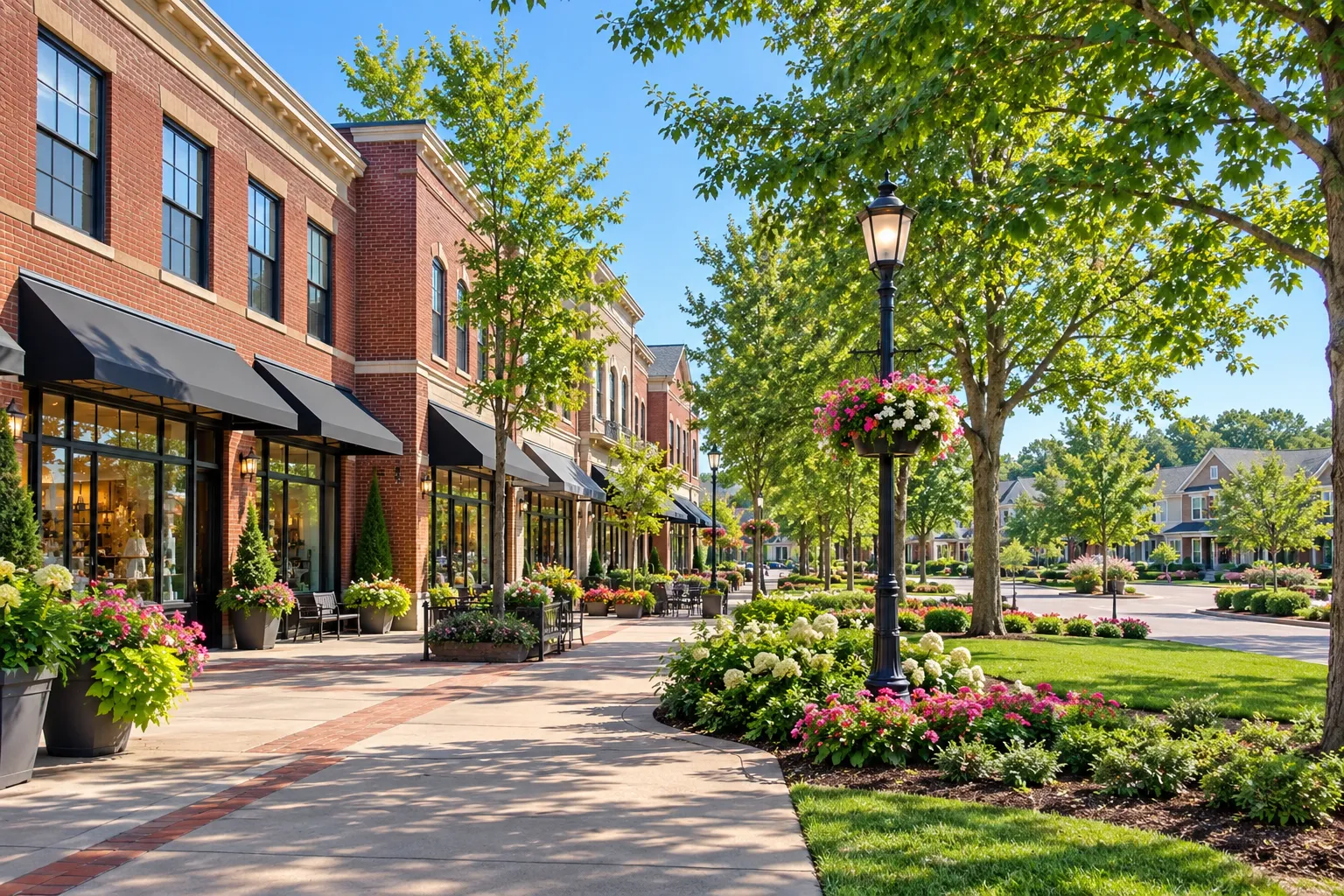 Ilustración de un centro urbano generada con IA e inspirada en Huntersville, Carolina del Norte