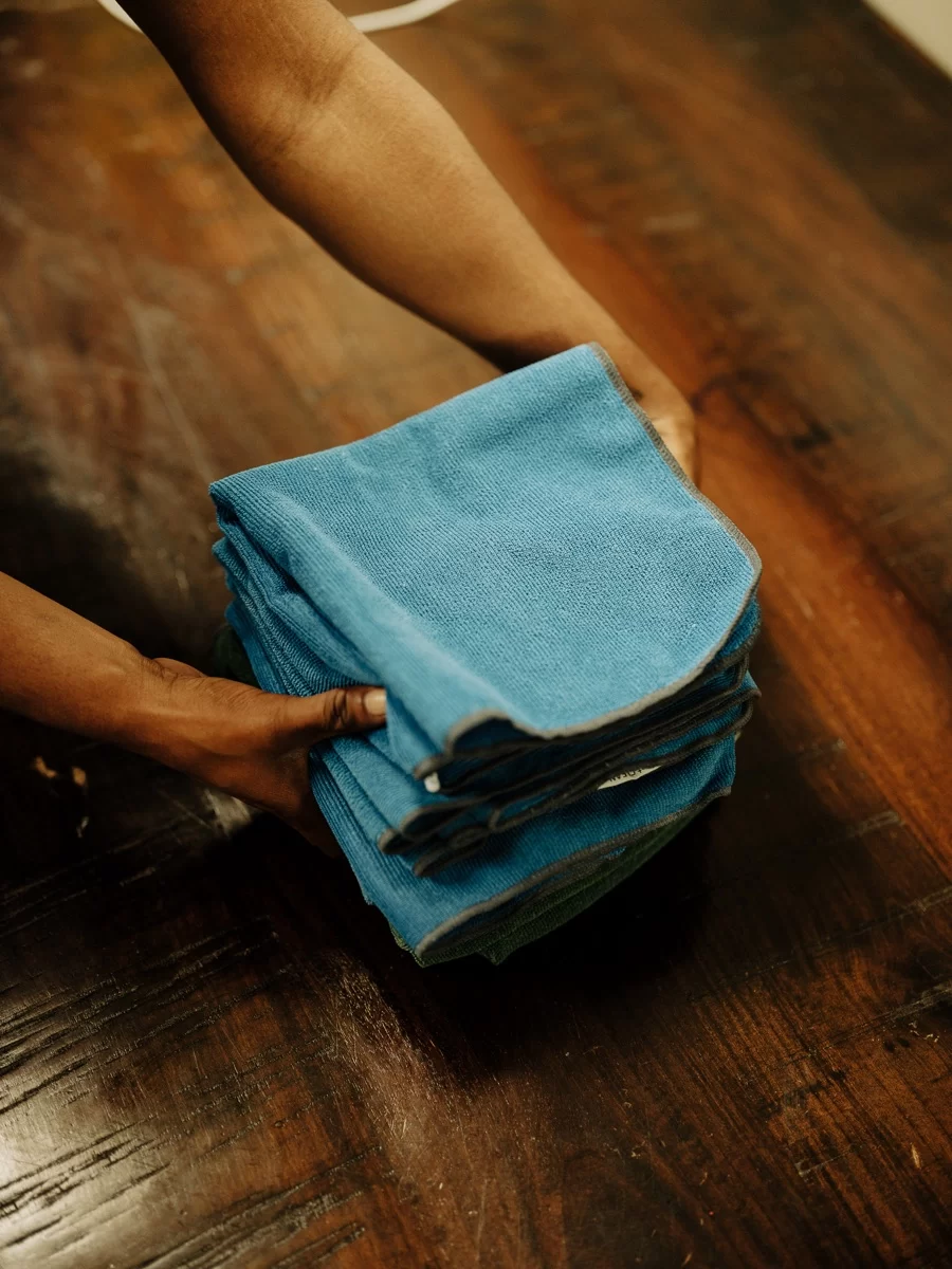 Minit Maids color-coded microfiber cloths prepared for cleaning